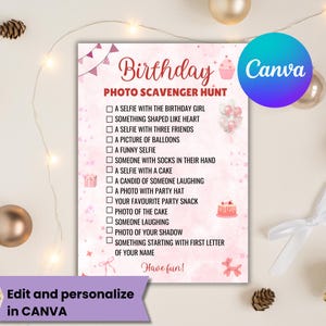 Birthday Photo scavenger Hunt Editable Canva Template for kids tweens pink theme fun birthday photo game printable birthday girl party game