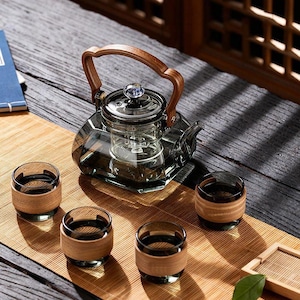 Juego de té de vidrio hecho a mano, tetera vintage de vidrio, juego de té japonés, tetera con infusor, tetera apta para estufa, tetera de hojas sueltas, regalo de Navidad