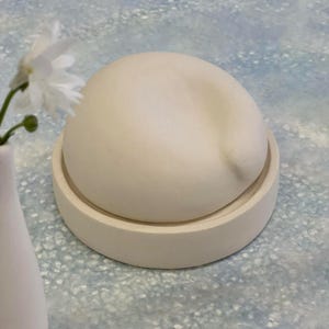 Peut inclure: Une pièce décorative en céramique de couleur crème avec un dessus arrondi et une base circulaire. La pièce a une texture lisse et repose sur une surface bleu clair. Un petit vase blanc avec une fleur blanche est en arrière-plan.