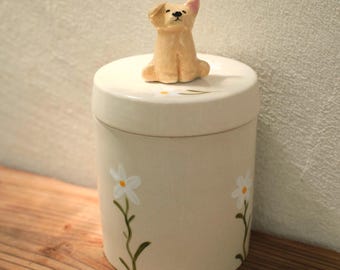 手作り陶器製犬用骨壷と置物｜ペットメモリアルギフト｜遺灰入れ｜パーソナライズペット彫刻｜ティーコンテナジャー