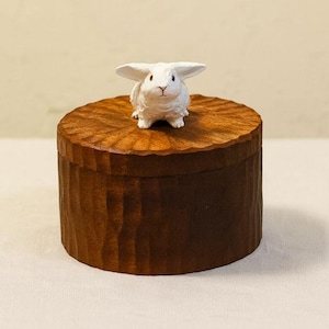 May include: A round, dark brown wooden box with a textured, hand-carved surface. The lid features a small, white, sculpted rabbit figurine sitting in the centre, with detailed ears, eyes, and nose, serving as a decorative handle for the container.