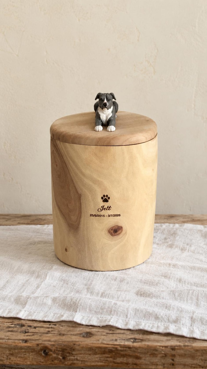Puede incluir: Una urna cil&iacute;ndrica de madera clara con una peque&ntilde;a figura pintada a mano de un perro gris y blanco sobre la tapa. La parte frontal de la urna est&aacute; grabada con una huella, el nombre Jett y las fechas 25/5/2015 - 3/7/2026.