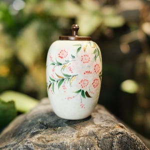 Small Handmade Ceramic Peach Blossom Urn with Wooden Lid | Oriental Pet Ashes Keepsake Jar | Pet Memorial Gift | Floral Decorative Tea Jar image 8