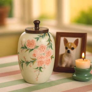 May include: A cream-colored ceramic jar with a wooden lid, adorned with pink floral designs and green leaves. A framed picture of a dog and a lit candle in a green holder are also present.