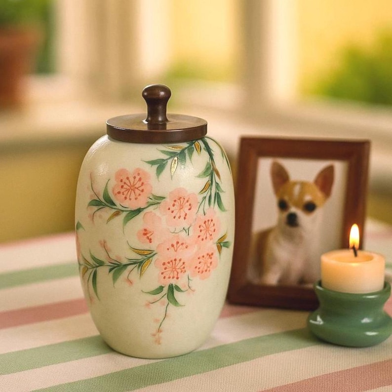 May include: A cream-colored ceramic jar with a wooden lid, adorned with pink floral designs and green leaves. A framed picture of a dog and a lit candle in a green holder are also present.