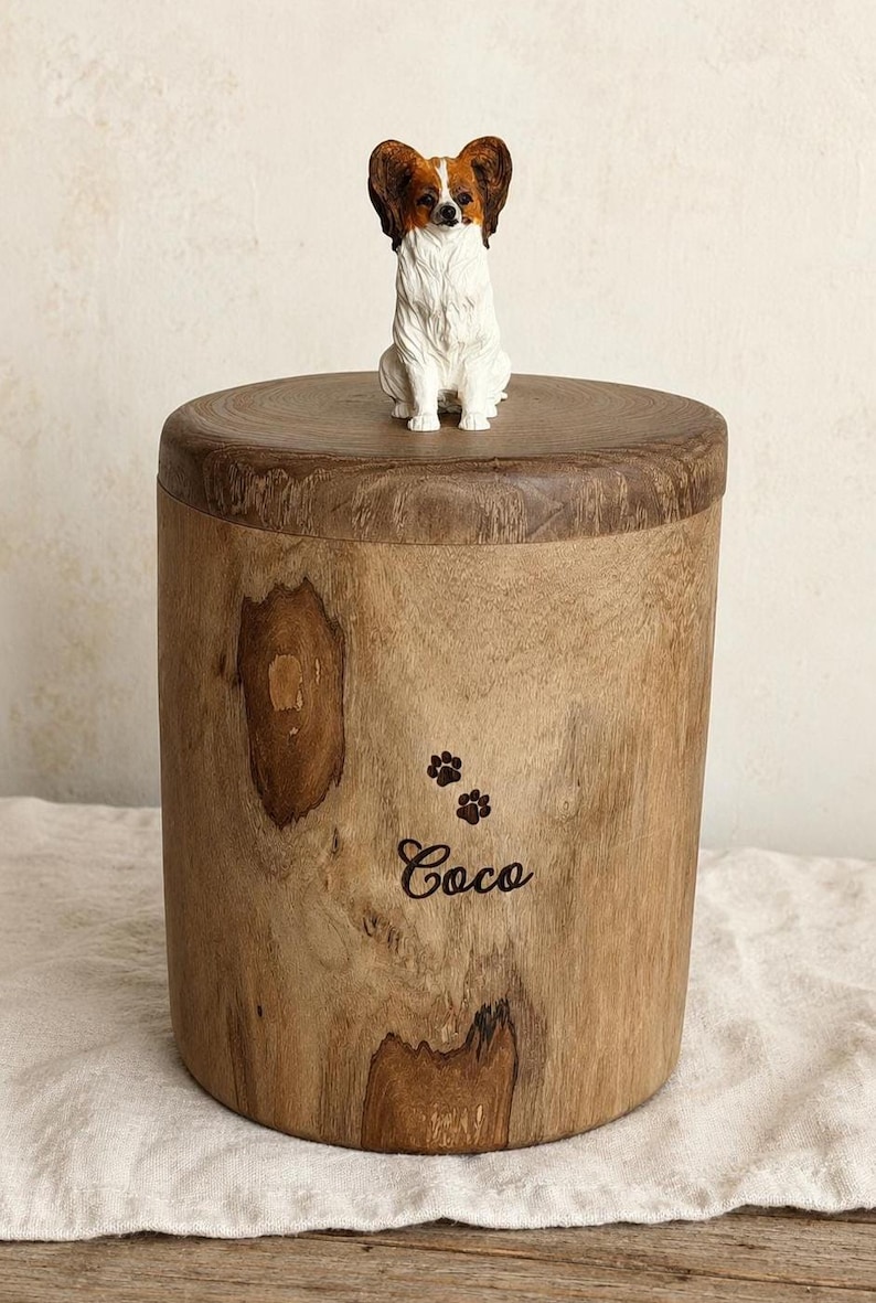 Puede incluir: Una urna cil&iacute;ndrica de madera con acabado de veta natural, que presenta una figura de perro Papillon en la tapa. El frente de la urna est&aacute; grabado con dos peque&ntilde;as huellas de patas y el nombre Coco en una fuente cursiva oscura.