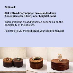Option 4 chart showing custom pets in different poses on round wooden memorial boxes. Examples include curled sleeping cats, a lying cat, and a standing dog on handmade wooden urn lids.