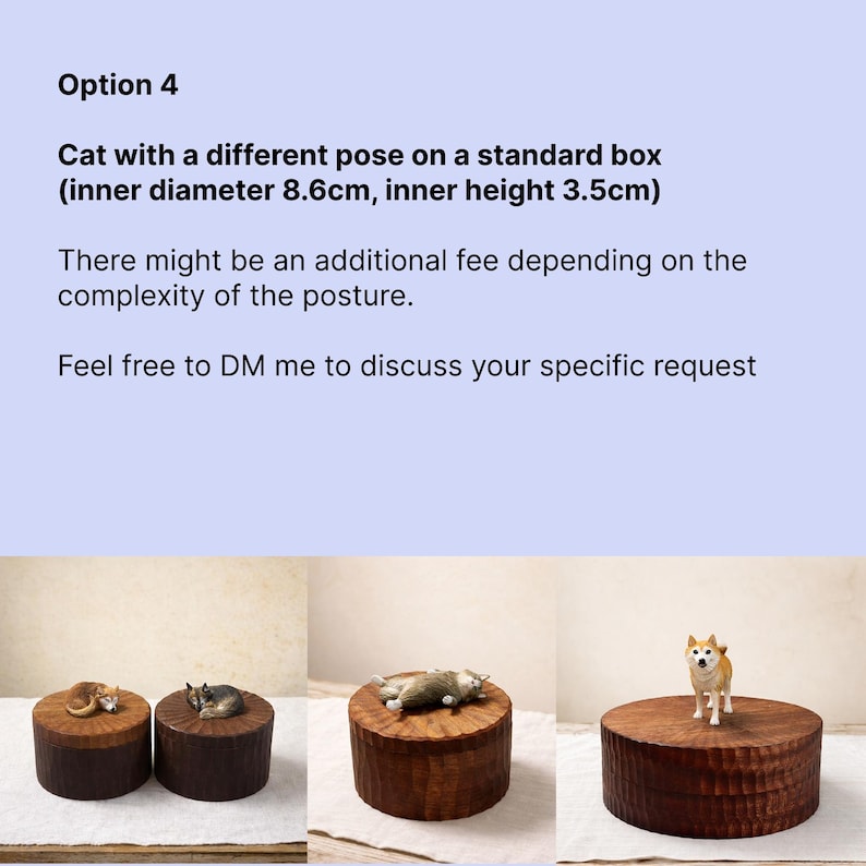 Option 4 chart showing custom pets in different poses on round wooden memorial boxes. Examples include curled sleeping cats, a lying cat, and a standing dog on handmade wooden urn lids.