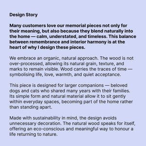 Puede incluir: Una tarjeta informativa de color violeta claro titulada Design Story. El texto describe piezas conmemorativas hechas de madera natural, destacando un enfoque org&aacute;nico, la veta visible de la madera y un dise&ntilde;o para mascotas grandes.