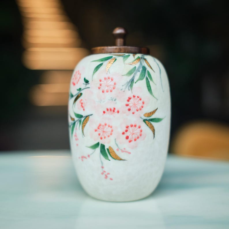 Small Handmade Ceramic Peach Blossom Urn with Wooden Lid | Oriental Pet Ashes Keepsake Jar | Pet Memorial Gift | Floral Decorative Tea Jar image 6