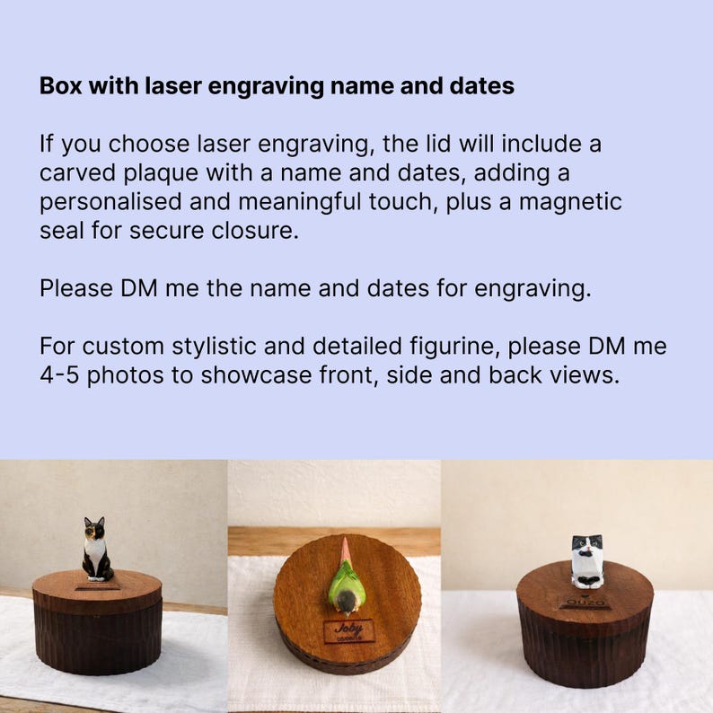 Laser engraving option chart for wooden memorial boxes with engraved name and date plaques. Shows example lids with small figurines and personalised engraved details for custom pet urns.