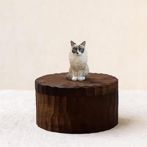May include: A small, hand-carved wooden figurine of a cat with cream and dark brown fur, blue eyes, and a pointed face, perched atop a round, dark brown wooden box featuring a textured, scalloped edge along the lid and a vertical carved side.