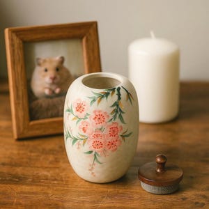 May include: A cream-colored, oval-shaped vase with a floral design featuring pink blossoms and green leaves. A wooden-framed photo of a hamster and a white candle are in the background. A wooden lid sits in front of the vase.