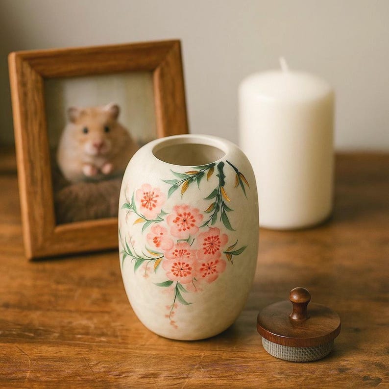 May include: A cream-colored, oval-shaped vase with a floral design featuring pink blossoms and green leaves. A wooden-framed photo of a hamster and a white candle are in the background. A wooden lid sits in front of the vase.
