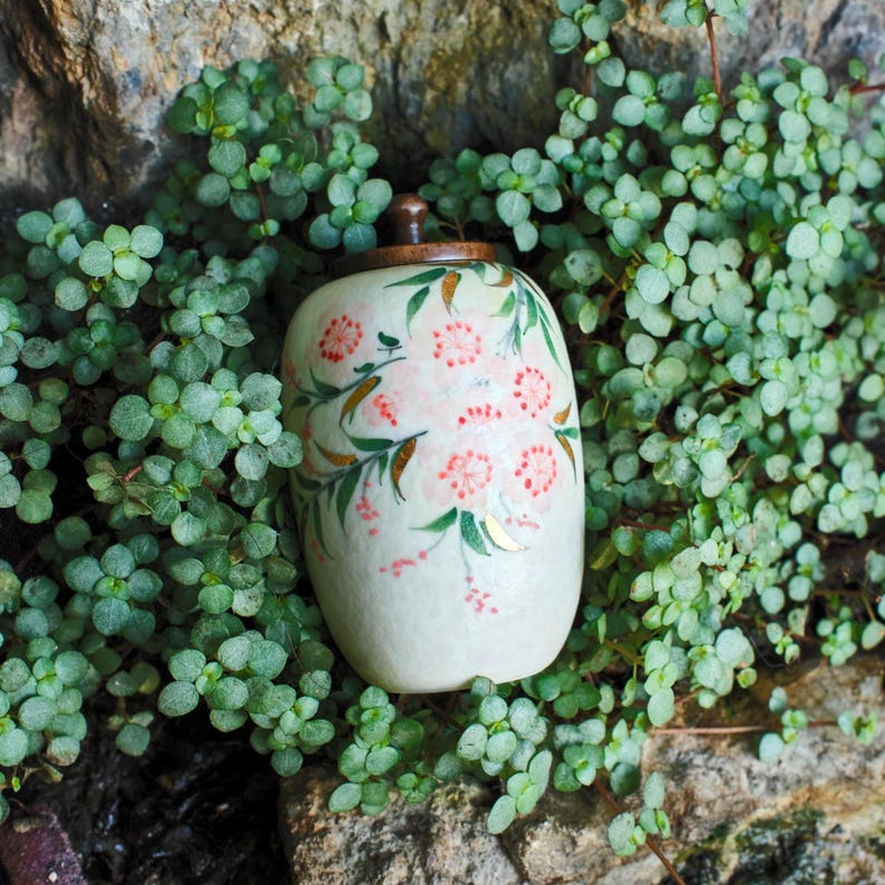 Small Handmade Ceramic Peach Blossom Urn with Wooden Lid | Oriental Pet Ashes Keepsake Jar | Pet Memorial Gift | Floral Decorative Tea Jar image 2