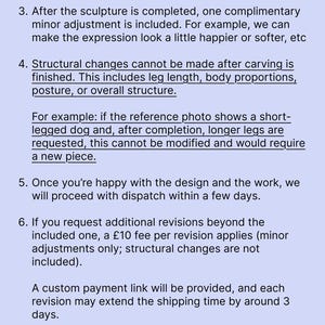 Custom process and revision policy information sheet for handmade pet figurines and memorial urns. Text explains ordering, crafting, one minor revision, dispatch timing, and limits on structural changes.