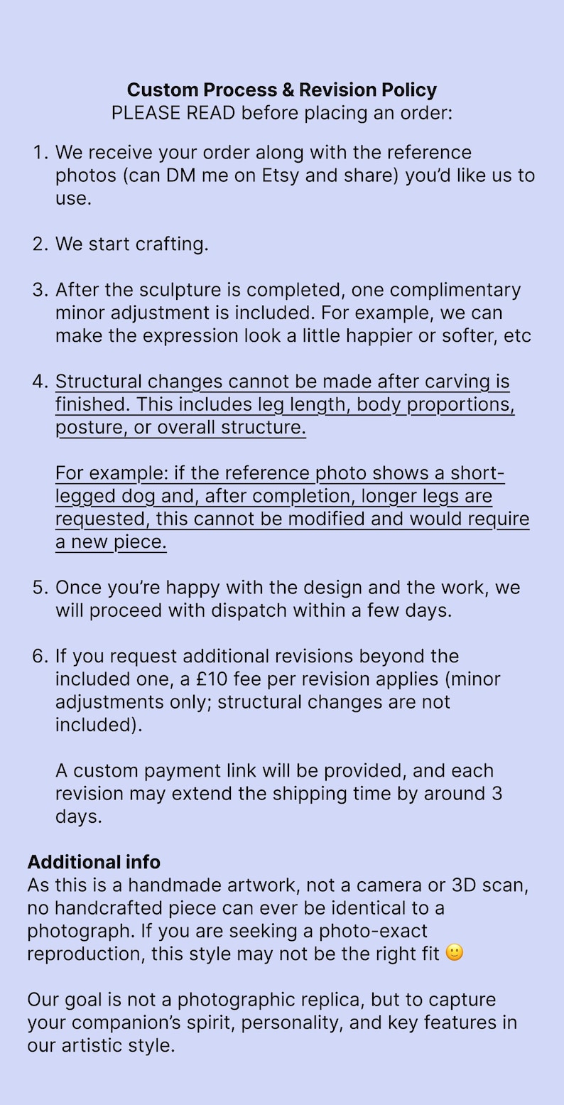 Custom process and revision policy information sheet for handmade pet figurines and memorial urns. Text explains ordering, crafting, one minor revision, dispatch timing, and limits on structural changes.