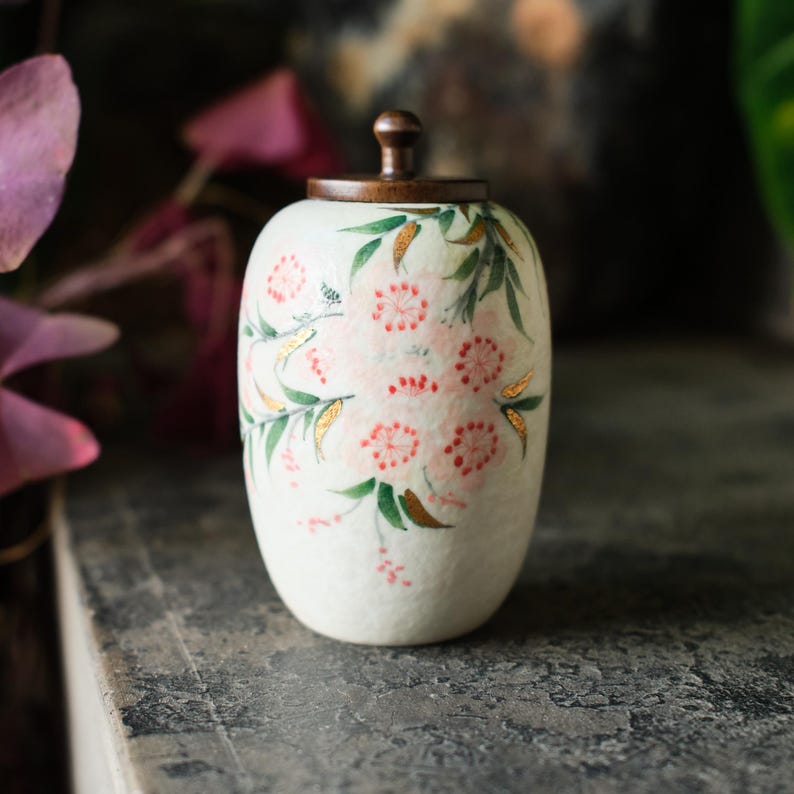 Small Handmade Ceramic Peach Blossom Urn with Wooden Lid | Oriental Pet Ashes Keepsake Jar | Pet Memorial Gift | Floral Decorative Tea Jar image 3