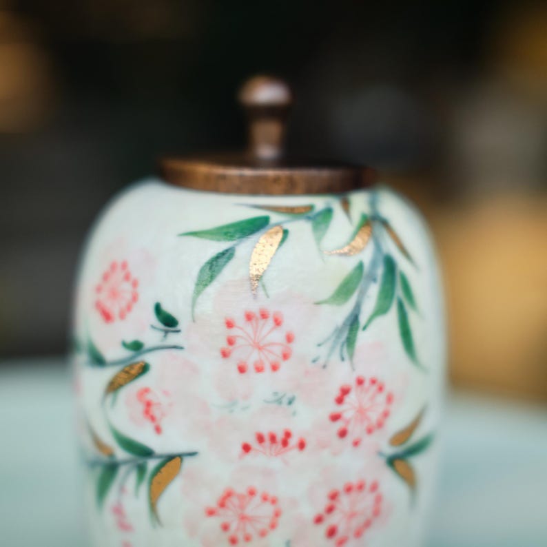 Small Handmade Ceramic Peach Blossom Urn with Wooden Lid | Oriental Pet Ashes Keepsake Jar | Pet Memorial Gift | Floral Decorative Tea Jar image 10