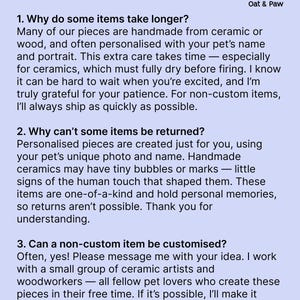 May include: FAQ page from Oat & Paw, with answers to common questions about handmade pet items. Topics include production time, returns, and customization options. The text is on a light blue background.