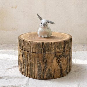 May include: A cylindrical wooden box with a natural bark exterior and a smooth, light brown wood grain lid. A small, hand-painted white and grey rabbit figurine with one upright ear and one folded ear is attached to the centre of the lid.