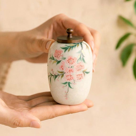 Small Handmade Ceramic Peach Blossom Urn with Wooden Lid | Oriental Pet Ashes Keepsake Jar | Pet Memorial Gift | Floral Decorative Tea Jar