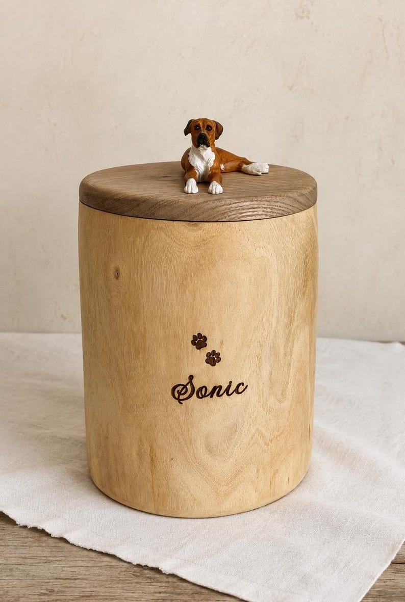 Puede incluir: Una urna cil&iacute;ndrica de madera clara con una tapa de madera oscura coronada por una peque&ntilde;a figura realista de un perro marr&oacute;n y blanco. El frente de la urna tiene grabadas dos peque&ntilde;as huellas de patas sobre el nombre Sonic en letra cursiva.
