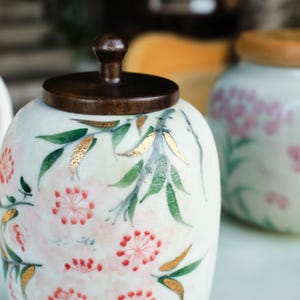 Small Handmade Ceramic Peach Blossom Urn with Wooden Lid | Oriental Pet Ashes Keepsake Jar | Pet Memorial Gift | Floral Decorative Tea Jar image 5