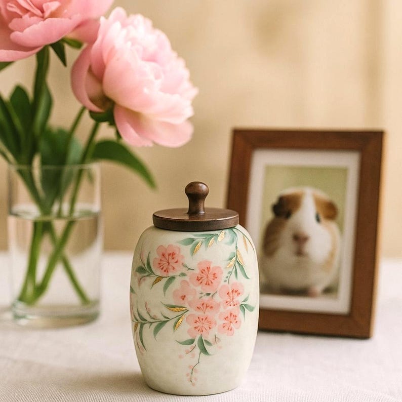 May include: A cream-colored ceramic jar with a wooden lid and knob, adorned with pink floral designs and gold accents. A framed picture of a guinea pig is in the background, along with pink flowers in a glass vase.