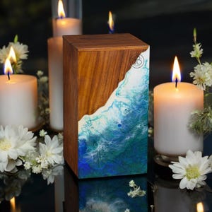 Ocean Wave Resin Wooden Urn Box | Memorial Cremation Keepsake | Handcrafted Ashes Storage Box | Beach Theme Funeral Urn | Memorial Gift