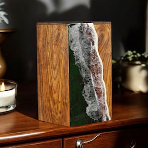 Wooden Resin Ocean Wave Urn Box | Handmade Memorial Keepsake Box | Unique Ashes Storage Box | Cremation Urn for Humans or Pets