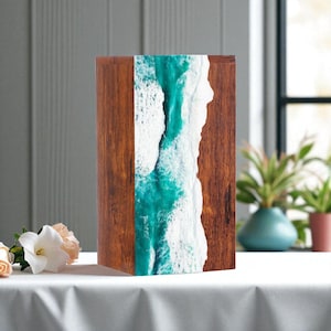 Handcrafted Wooden Ocean Wave Urn Box | Resin Art Memory Box | Unique Coastal Decor | Keepsake Box for Ashes | Beach Theme Gift