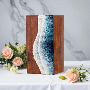 Ocean Wave Wooden Urn | Handmade Cremation Box for Ashes | Beach Memorial Urn | Coastal Funeral Keepsake | Unique Wooden Memory Box