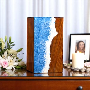 Blue Ocean Wave Wooden Urn Box | Resin Art Beach Keepsake Box | Handmade Coastal Memory Box | Unique Ashes Storage | Ocean Decor Gift