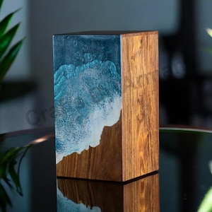 Ocean Wave Resin Wooden Urn Box – Handmade Cremation Box for Ashes – Coastal Memory Urn – Unique Memorial Keepsake – Beach Theme Funeral Box