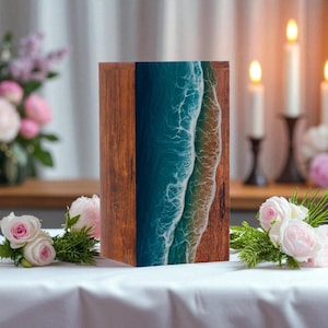 Custom Ocean Wave Wooden Urn for Ashes | Beach Cremation Box | Memorial Keepsake Urn | Coastal Ocean Art Urn | Handmade Funeral Urn Box