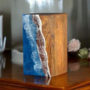 Realistic Ocean Shoreline Resin Wood Urn Box | Handmade Beach Wave Memorial Keepsake | Blue Epoxy Cremation Box | Wooden Ashes Storage