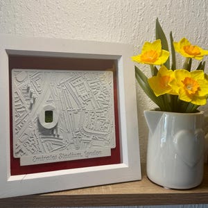 May include: A white framed relief map of Emirates Stadium, London, with a red background. A small white ceramic pitcher with a heart design holds yellow daffodils. The items are displayed on a wooden shelf.