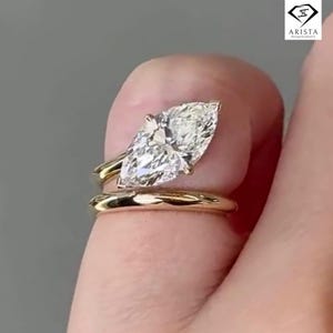 2 Ct Marquise Moissanite Double Band Ring, Modern Split Shank Engagement Ring in Solid Gold, Minimalist Bold Marquise Solitaire Ring for Her