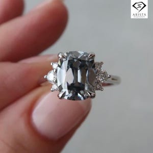 Cushion Cut Grey Moissanite Engagement Ring – Three Stone Vintage Inspired Ring – Gray Moissanite Bridal Ring –  White Gold Wedding Ring