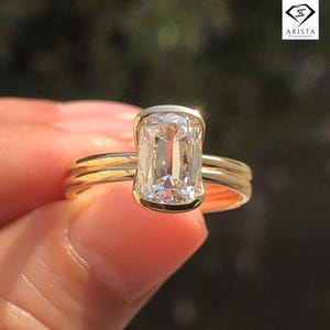 Half Bezel Old Mine Cushion Moissanite Ring Set Cushion Cut Moissanite Solitaire Wedding Ring Set Yellow Gold Plain Engagement Ring Set