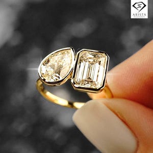 Toi et Moi Moissanite Ring | Pear and Emerald Cut Moissanite Duo | 14K Gold Bezel Set Two Stone Engagement Ring | Toi et Moi Ring for Her