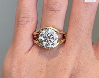 5 Carat Round Moissanite Engagement Ring, Split Shank Gold Solitaire Ring, Large Statement Ring, Modern Bridal Jewelry For Women