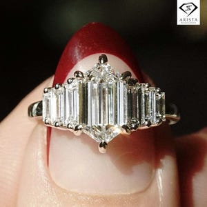 Hexagonal Dutch Marquise Moissanite Ring, Art Deco Baguette Cluster Engagement Ring, Vintage Step Cut Bridal Ring, Unique Geometric Ring