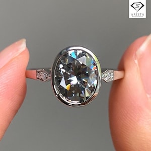 2.5 Carat Grey Oval Moissanite Engagement Ring – Bezel Set Oval Moissanite with Diamond Accents – White Gold Unique Bridal Ring For Women