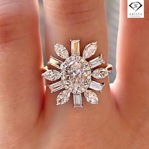 1 Carat Oval Moissanite Sunburst Engagement Ring, Art Deco Halo Ring with Marquise and Baguette Cuts, 14K Gold Unique Statement Ring