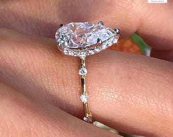 3 Carat Pear Cut Moissanite Engagement Ring, Yellow Gold Hidden Halo Ring, Dainty Diamond Accent Band, Tear Drop Solitaire Bridal Ring