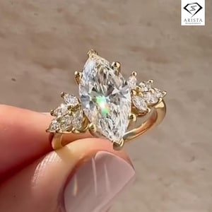 2.20 Ct Marquise Moissanite Engagement Ring with Diamond Leaf Cluster, Marquise Cut Solitaire Ring, Nature Inspired Bridal Ring for Her