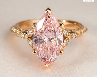 3 Carat Marquise Pink Lab Diamond CZ Engagement Ring, Vintage Gold Ring with Leaf Detailing, Art Deco Inspired Statement Ring