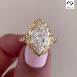 4 Ct Marquise Moissanite Engagement Ring | Vintage Leaf Engraved Ring | Floral Solitaire in 14K Yellow Gold | Nature Inspired Wedding Ring